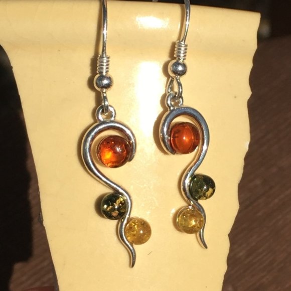 Genuine Baltic Amber Multicolor Earrings .925 Sterling Silver Swirl Design - Picture 11 of 13